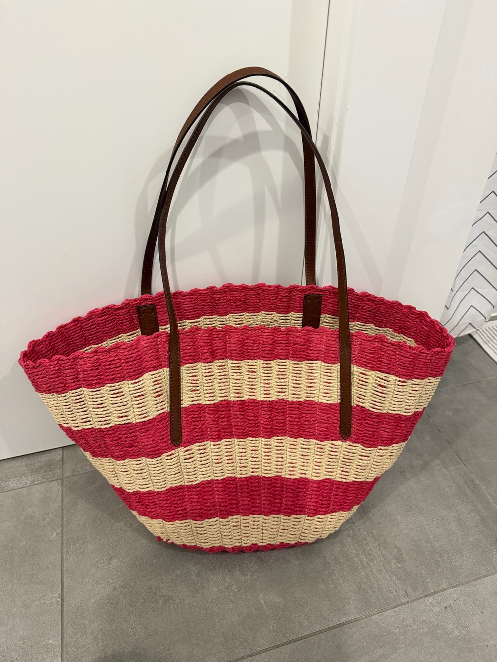 JCREW red stripe raffia shoulder bag tote